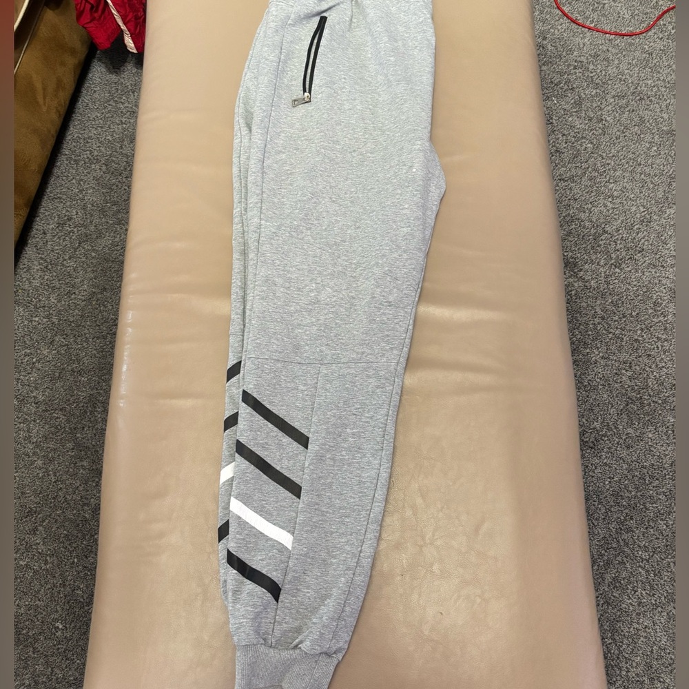 Gray Joggers with Black and White Stripes